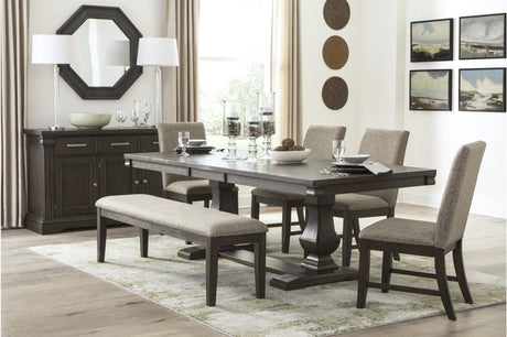 Southlake Dining Room Set main view showing table and 4 fabric-upholstered side chairs