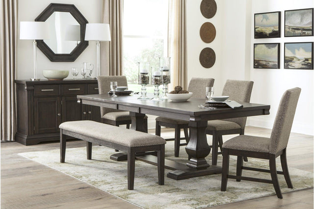Southlake Dining Room Set main view showing table and 4 fabric-upholstered side chairs
