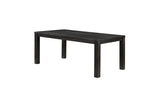 close-up detail of antique black oak finish and gray fabric upholstery