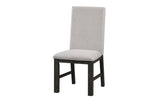 side detail of chair gray fabric and wood legs