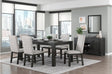 main view of Orem Antique Black Oak Dining Room Set with gray fabric chairs