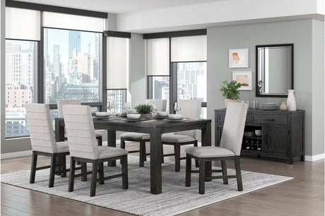 main view of Orem Antique Black Oak Dining Room Set with gray fabric chairs