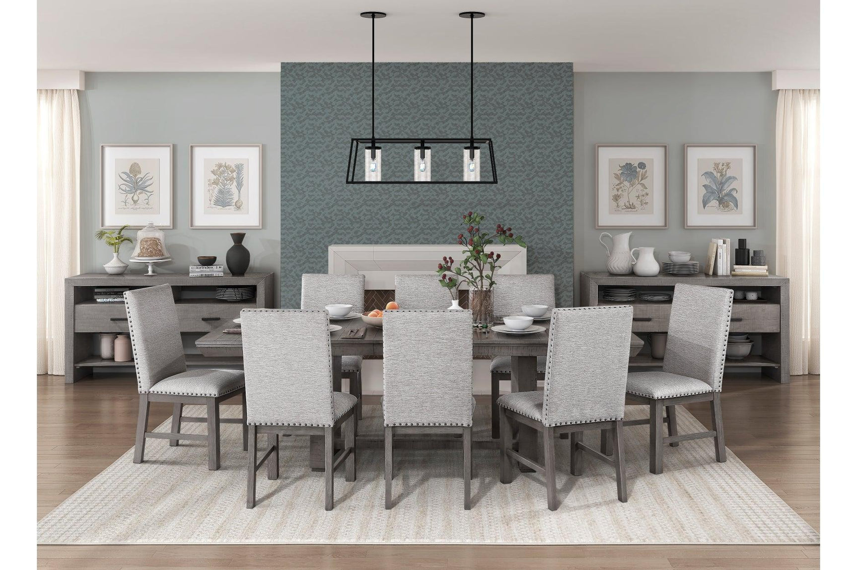 detail of gray fabric upholstery on dining chair
