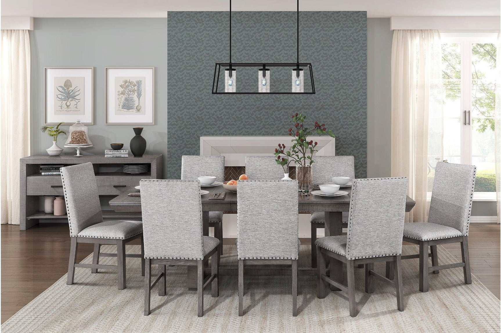 main view of Gresham Gray Fabric Upholstered Dining Set with table and chairs