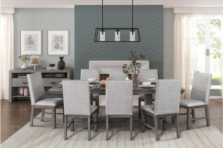 main view of Gresham Gray Fabric Upholstered Dining Set with table and chairs