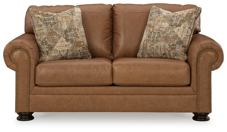 side angle of loveseat in caramel upholstery