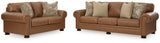 Close-up detail of Carianna Caramel Sofa and Loveseat upholstery and stitching