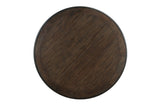 Top view of round dark wood Acacia veneer dining table