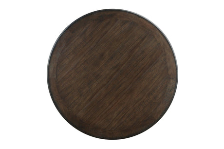 Top view of round dark wood Acacia veneer dining table