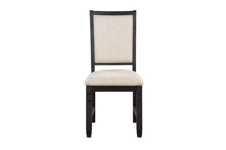 Front view of Asher Beige fabric upholstered side chairs and round table