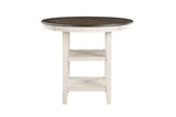 side angle of Asher round counter height dining set with light brown upholstered chairs