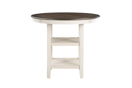 side angle of Asher round counter height dining set with light brown upholstered chairs