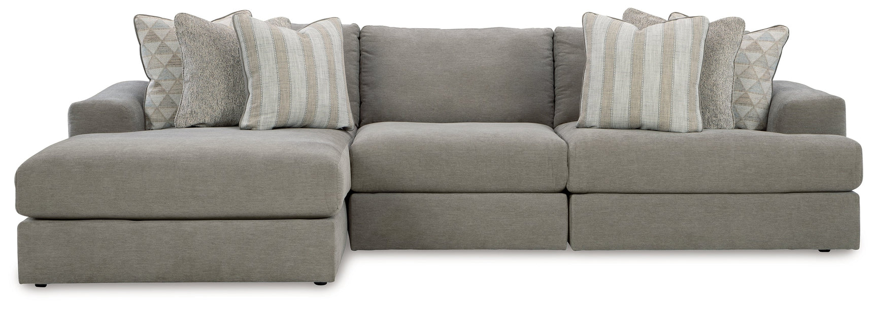 Side angle of Avaliyah Ash Chenille 3-Piece Sectional Sofa with Chaise