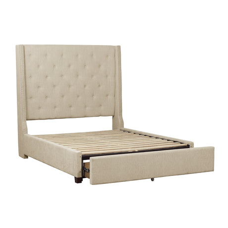 Fairborn Beige Upholstered King Storage Platform Bed side view showing storage drawers