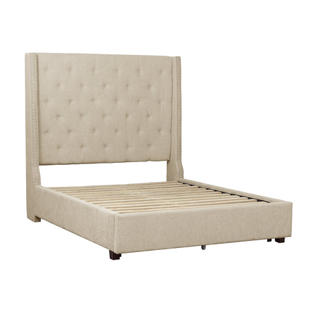 View of nailhead trim on upholstered headboard