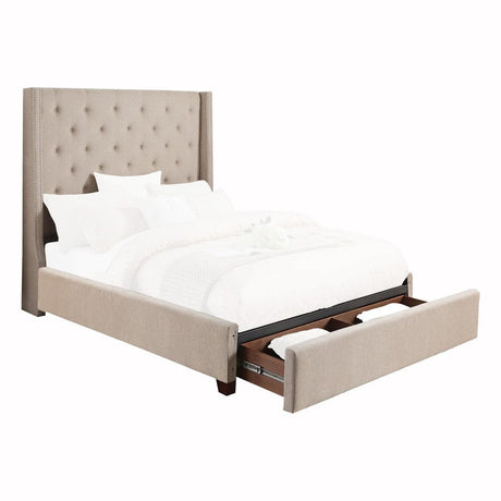 Fairborn Beige Full Upholstered Platform Storage Bed angled view