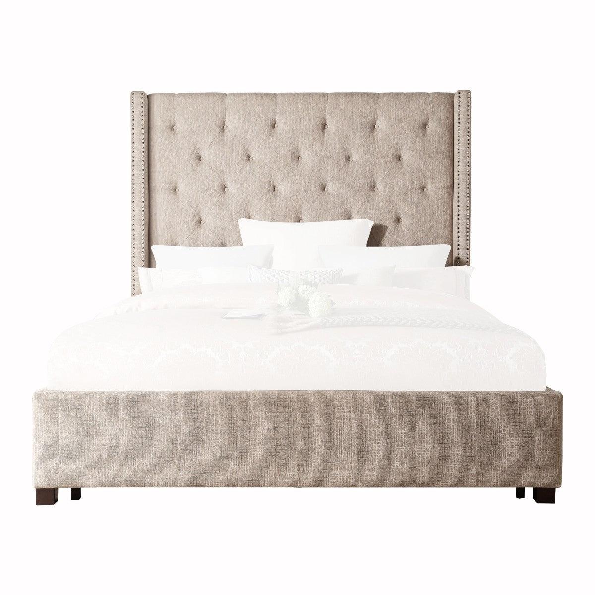 Fairborn Beige Modern Solid Wood And Plywood Frame Fabric Upholstery Tufted Full Platform Bed - Ella Furniture
