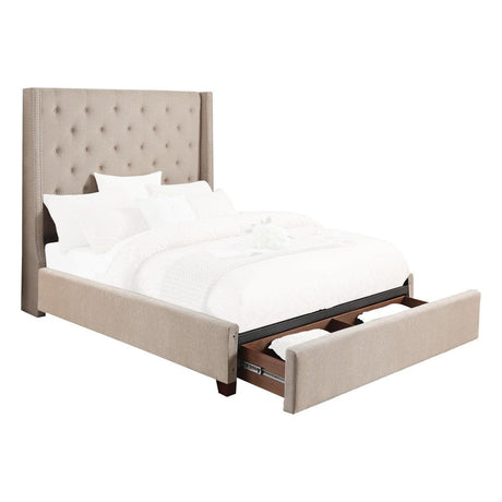Fairborn beige fabric tufted queen platform bed angled view