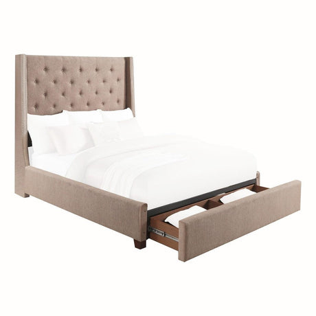 Fairborn Brown fabric tufted full platform storage bed angled view