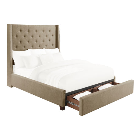 Fairborn Brown Upholstered Storage Platform Queen Bed front angled view