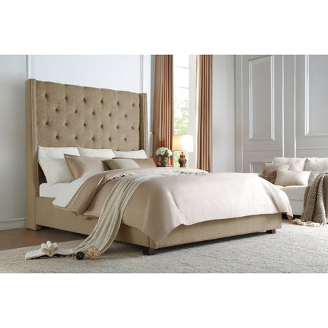 Full front view of Fairborn Brown Upholstered Storage Platform Queen Bed