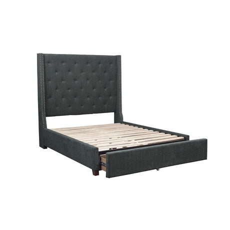 Angled side view of Fairborn Gray Tufted Queen Bed showing footboard drawers