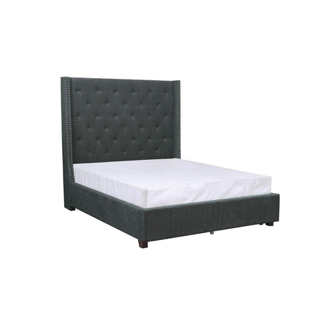 Fairborn Gray tufted king platform bed side angle