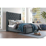 Fairborn Gray king bed angled view showing tufted headboard
