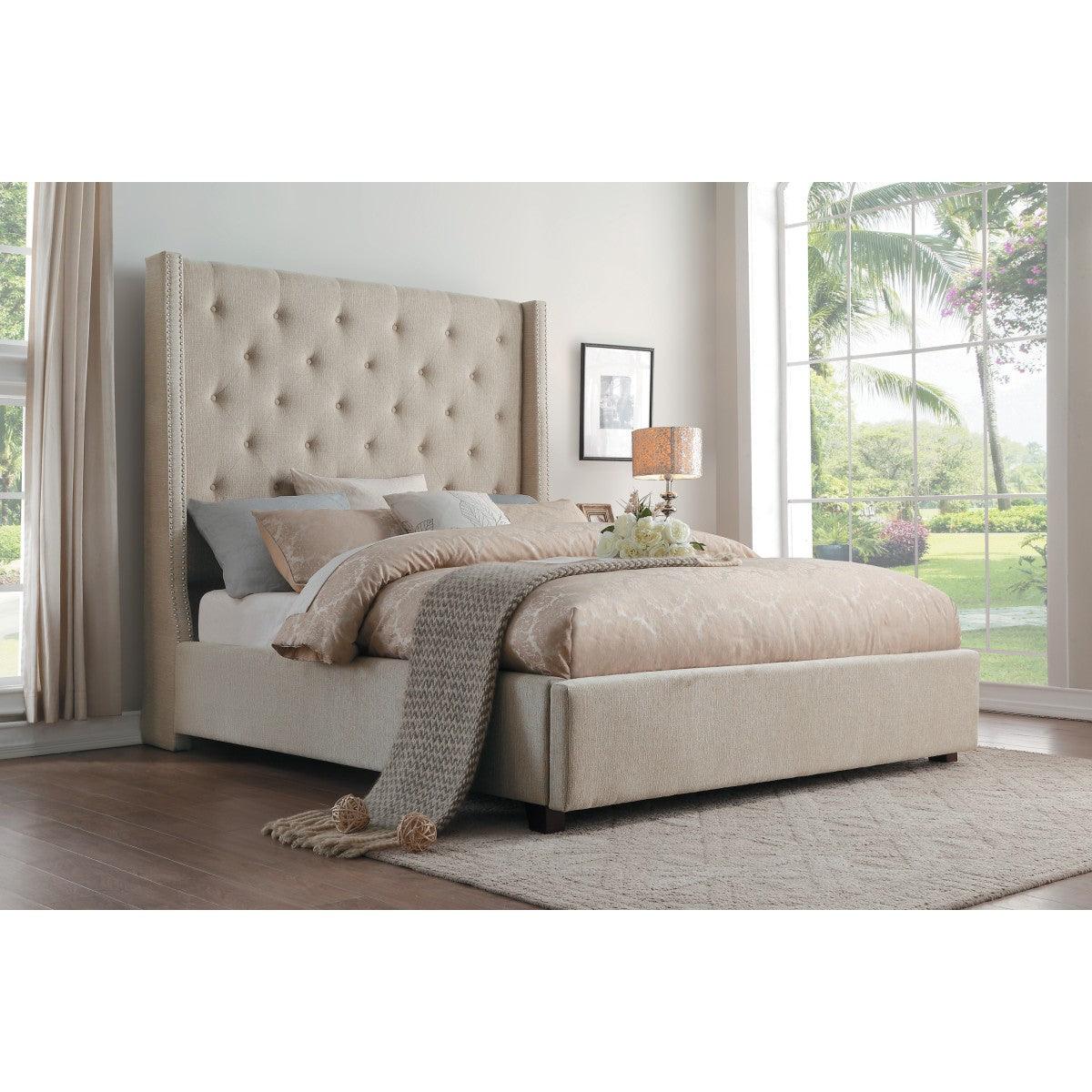 Fairborn Beige Modern Solid Wood And Plywood Frame Fabric Upholstered Tufted King Platform Bed - Ella Furniture