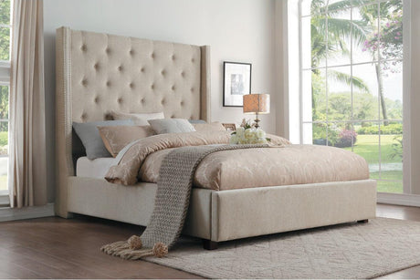 Fairborn Beige Tufted King Platform Bed side angle view