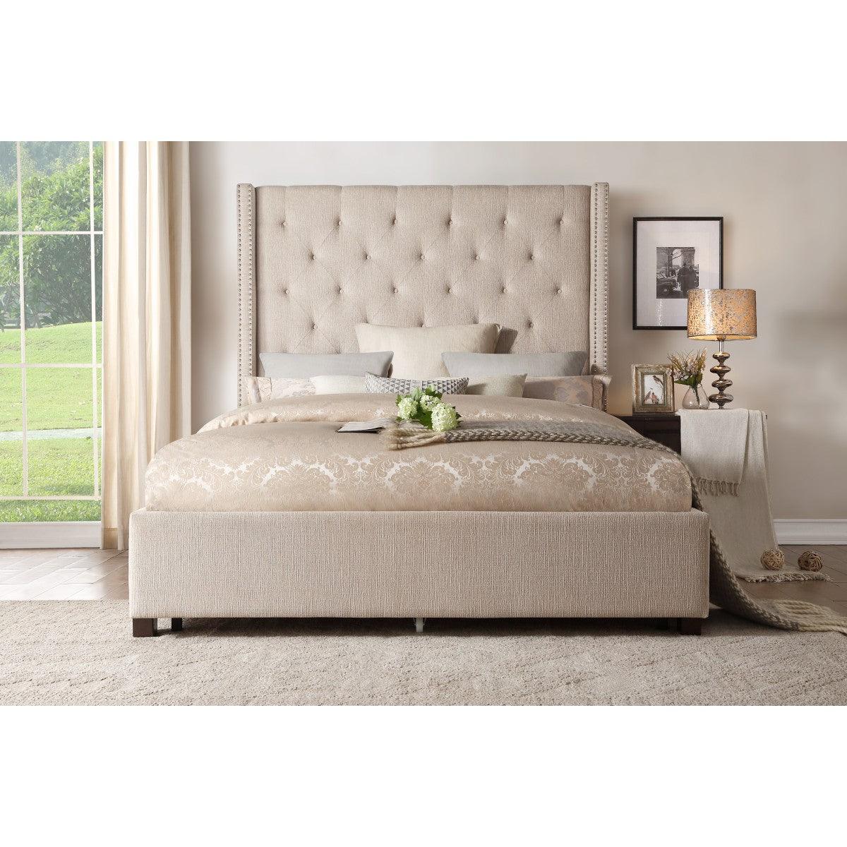 Fairborn Beige Tufted Upholstered Queen Panel Bed angled view showing headboard