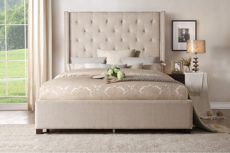 Fairborn Beige Tufted Upholstered Queen Panel Bed angled view showing headboard