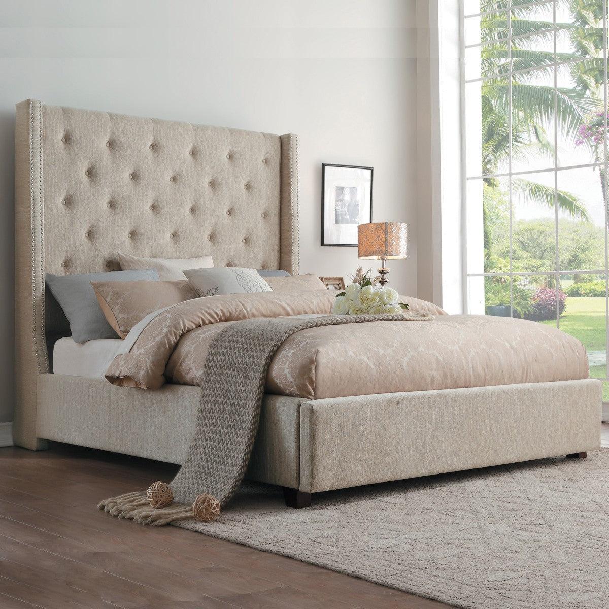 Fairborn Beige Tufted Upholstered Queen Panel Bed side detail view