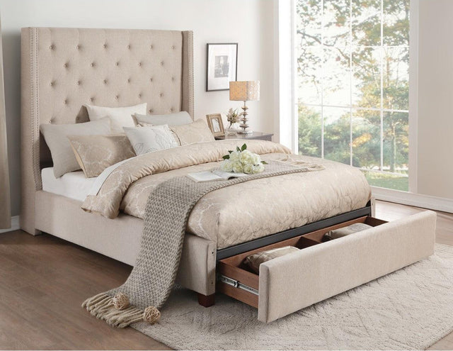 Fairborn beige fabric tufted queen platform bed close-up of headboard