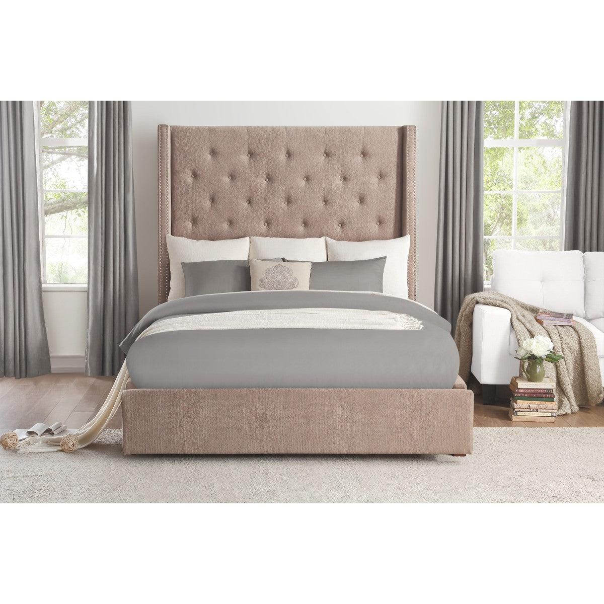 Fairborn Brown Modern Solid Wood And Plywood Frame Fabric Upholstery Tufted Full Platform Bed - Ella Furniture