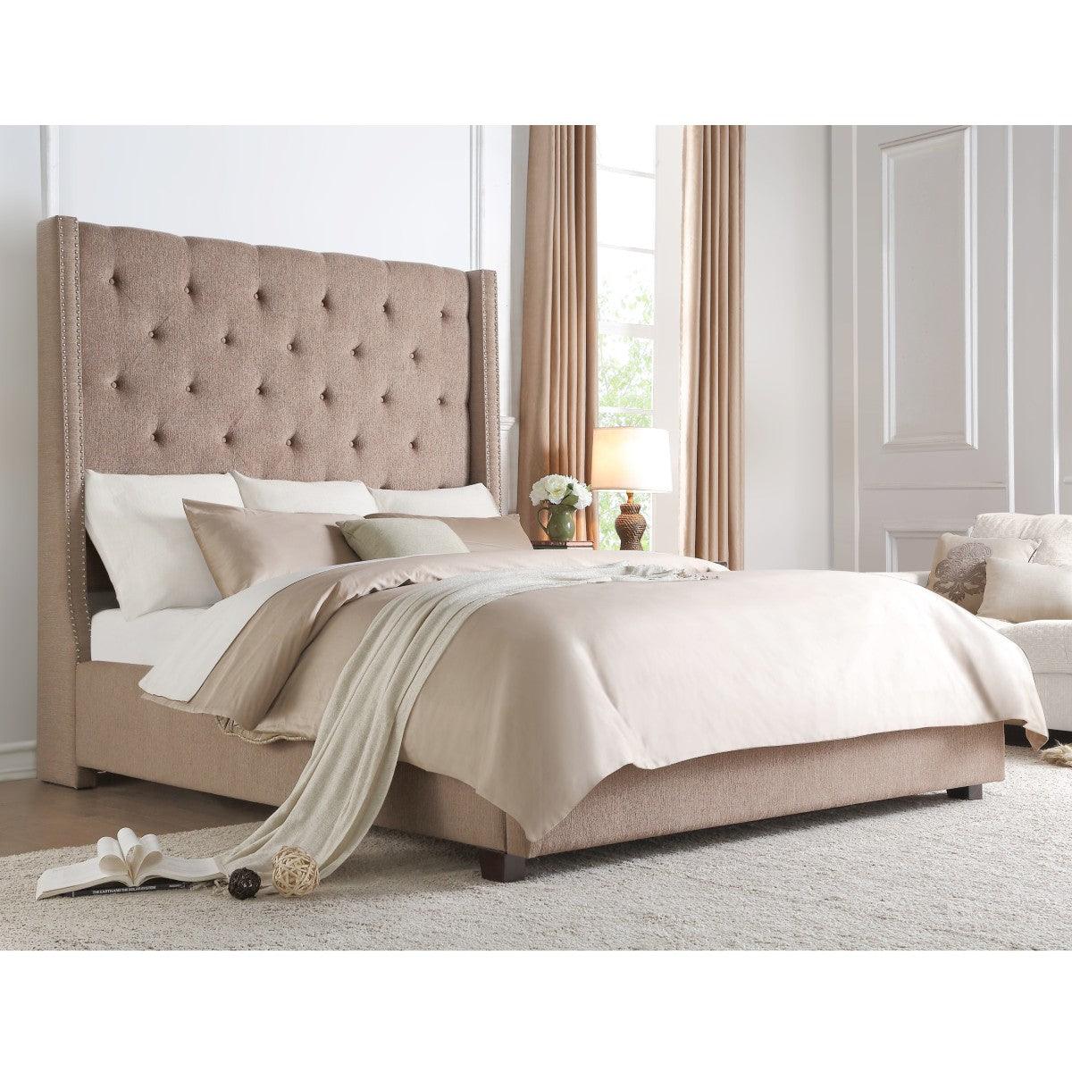Fairborn Brown Modern Solid Wood And Plywood Frame Fabric Upholstery Tufted Full Platform Bed - Ella Furniture