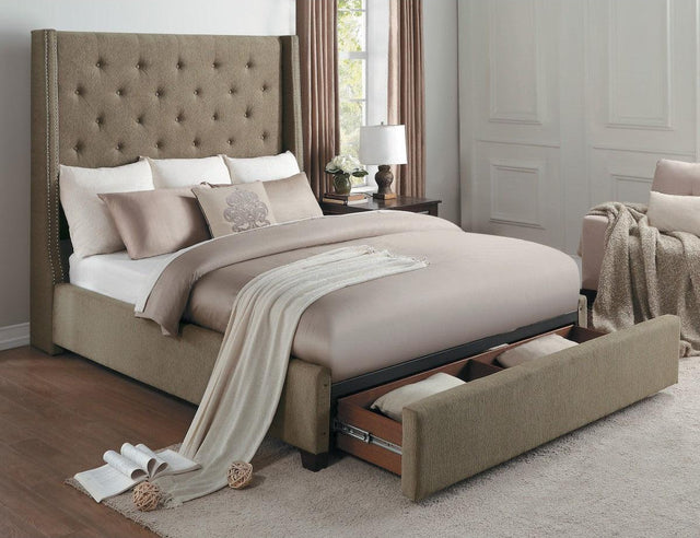 Fairborn Brown fabric tufted full platform storage bed side angle