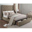 Fairborn Brown Tufted Fabric King Storage Platform Bed angled side view with drawers open