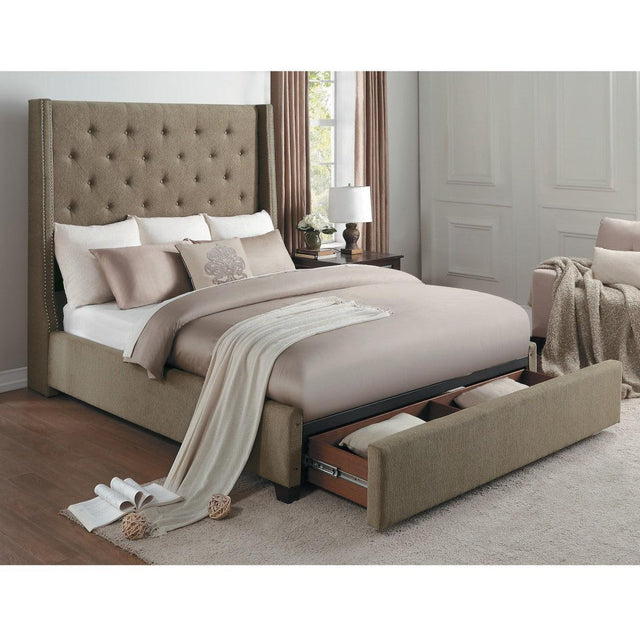Fairborn Brown Tufted Fabric King Storage Platform Bed angled side view with drawers open