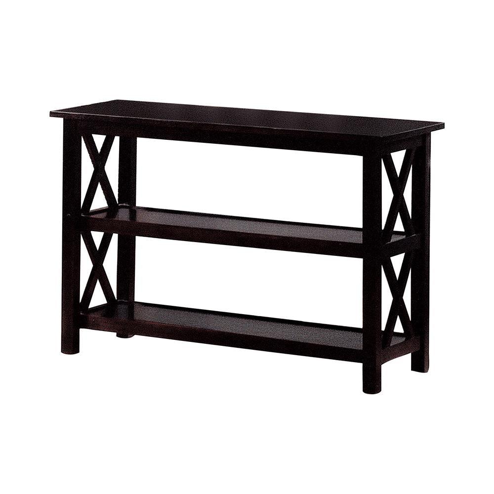 Angled top view of Rachelle deep merlot sofa table with 2 shelves