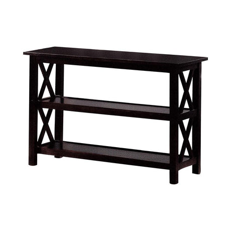 Angled top view of Rachelle deep merlot sofa table with 2 shelves