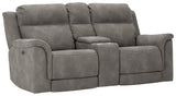 Next-Gen Durapella Slate Microfiber Power Reclining Loveseat with Console, side view with console open