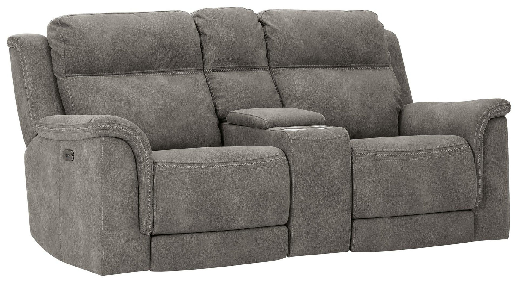 Next-Gen Durapella Slate Microfiber Power Reclining Loveseat with Console, side view with console open
