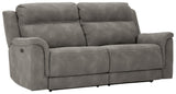 Next-Gen Durapella Slate Microfiber Power Reclining Sofa angled closed position