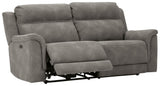 Next-Gen Durapella Slate Microfiber Power Reclining Sofa angled open position