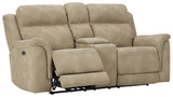 Next-gen Durapella Sand Microfiber Power Reclining Loveseat With Console - Ella Furniture