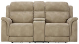 Next-gen Durapella Sand Microfiber Power Reclining Loveseat With Console - Ella Furniture
