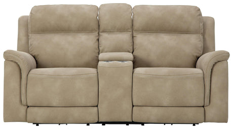 Storage console with cup holders of Next-Gen Durapella power reclining loveseat