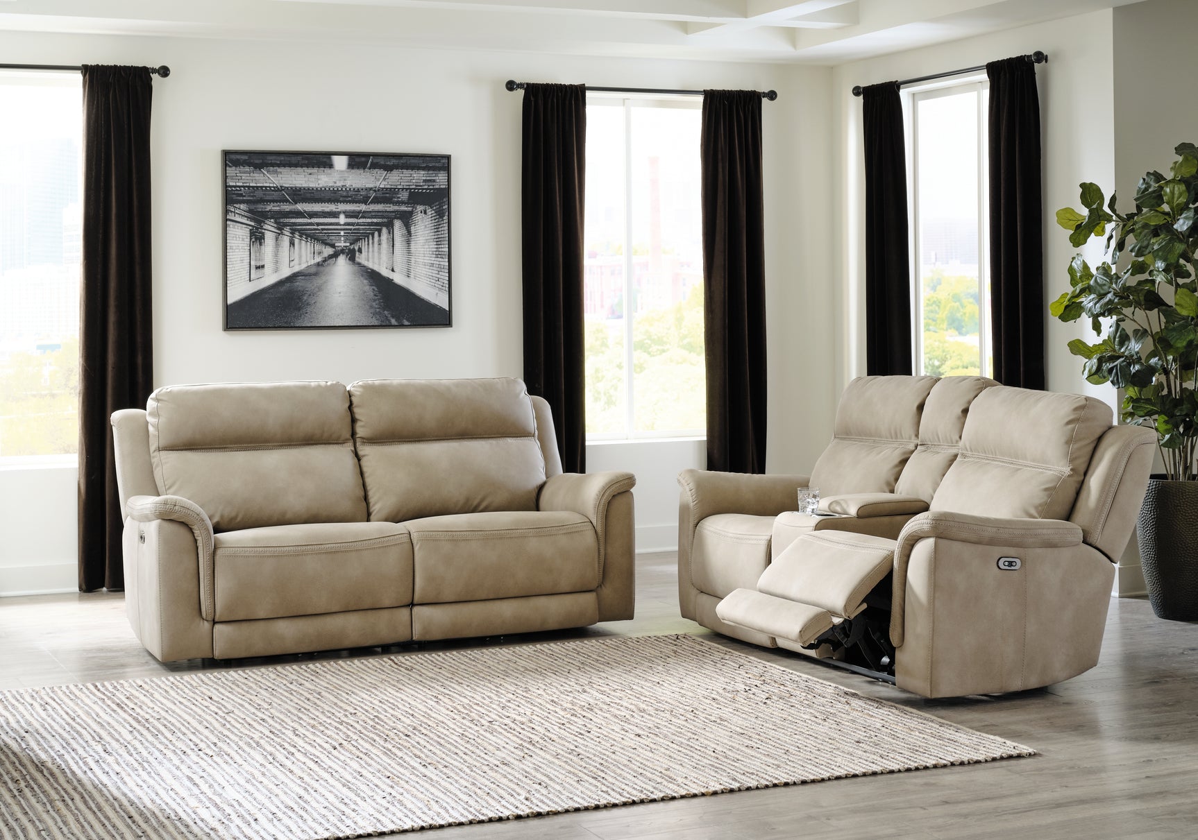 Concealed console storage open on loveseat