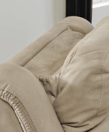 Next-Gen Durapella Sand Microfiber Power Reclining Sofa extended footrest detail